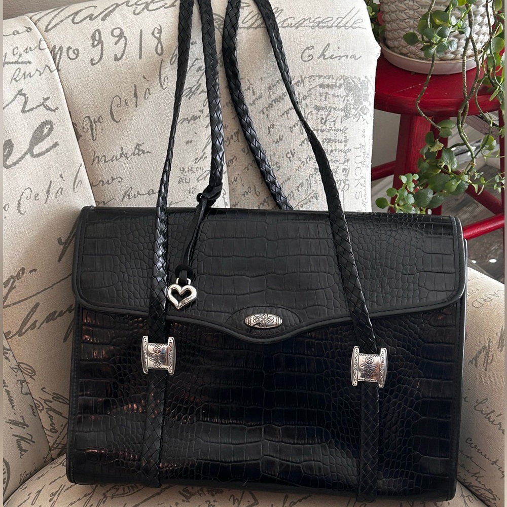 Vintage Brighton Black Croc Embossed Leather Laptop Bag, w/ Silver-toned Accents